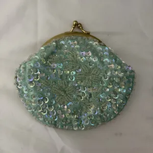 Coin purse bag Gold Kiss lock opening Satin Mint Green Sequins Vintage Fancy thumbnail 3