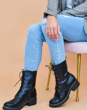 Refresh Black Lace-Up Combat Boots thumbnail 1