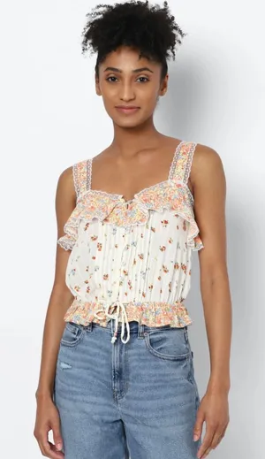 American Eagle Women's Cream Floral V-neck Cinch Cami, M thumbnail 1