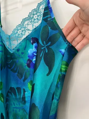 Y2K Tropical Floral & Monstera Leaf Print Satin Slip Dress - Size Large thumbnail 3
