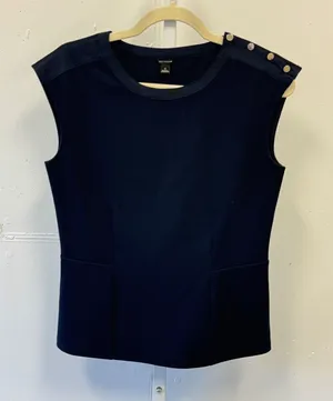 Ann Taylor Navy Blue Button Shoulder Sleeveless Knit Top‎ Small Casual Tailored thumbnail 1