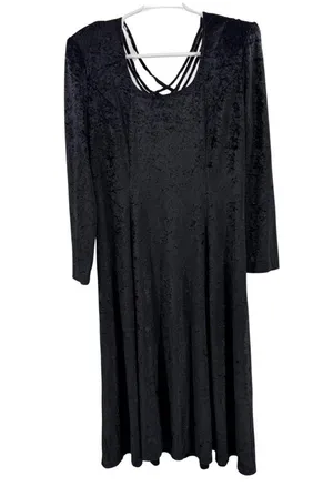 Black vintage crushed velvet Midi Dress long sleeve flowy cross cross back witch thumbnail 1