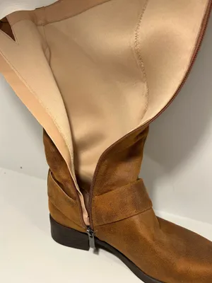 Women’s Brown Knee High Riding Boots Size 7 Side Zip Braided Strap Low Heel thumbnail 12
