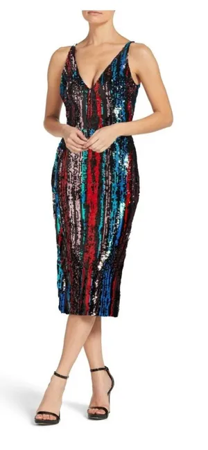 Dress the Population Multicolor Sequin Striped V-Neck Midi Dress thumbnail 1