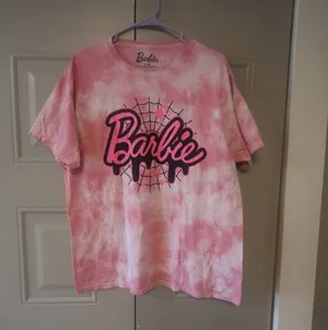 Barbie Barbie spider web graphic t-shirt tie dye in pink, black and hot pink size large. thumbnail 1
