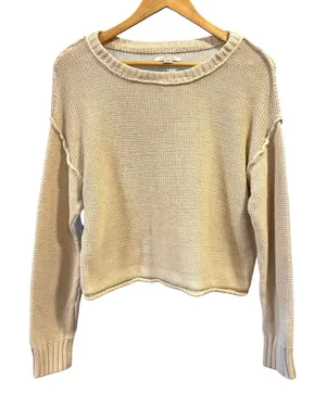American Eagle Cropped Knit Sweater Chunky Crew Neck Cozy Neutral XS Boho thumbnail 1