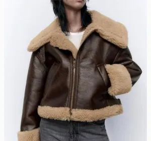 Zara short faux shearling leather brown crop jacket thumbnail 1