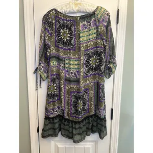 Women’s XL Purple Olive Patchwork Print Tunic Dress Ruffle Hem Tie Sleeves Boho thumbnail 11