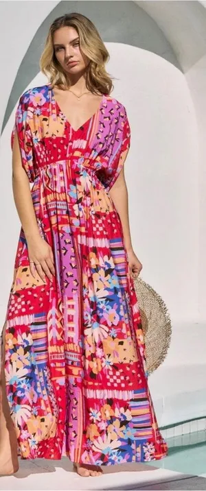 🌺Oddi Boho Floral Maxi Dress Colorful V-Neck Short Sleeve‎ NWT Size L🌺 thumbnail 1