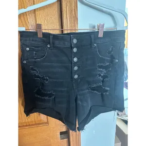 American Eagle Black Distressed High Waisted Button Fly Denim Shorts Womens 12 thumbnail 3