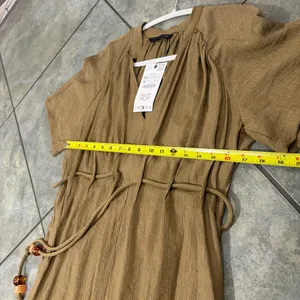 Zara Dress Womens Sz XS Khaki Olive Midi Pleated Tie Waist Contemprorary Beachy thumbnail 13