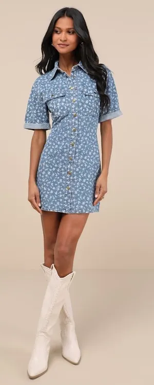 NWT Lulus Renske Light Wash Floral Print Denim Mini Dress Night Out Size XS thumbnail 1