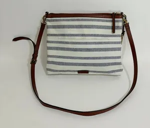 FOSSIL Fiona Blue WhiteStripe Large Crossbody Bag Purse Brown Faux Leather thumbnail 1