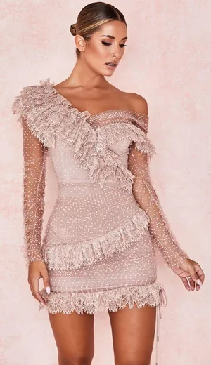 House Of CB Sorrel Blush Lace Frill Mini Dress Size XS NWT thumbnail 1