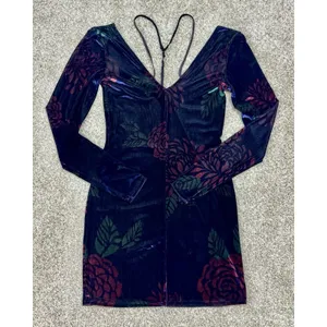 Free People Intimately Floral Velvet Strappy Bodycon Mini Dress Long Sleeve Sz S thumbnail 5