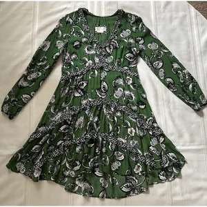 Anthropologie Robin Boho Tiered Ruffled V-Neck Dress Green Motif Size Small thumbnail 7