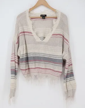 Just Polly Sweater Womens L Distressed V-Neck Cream Pink Striped Grunge Exc thumbnail 1