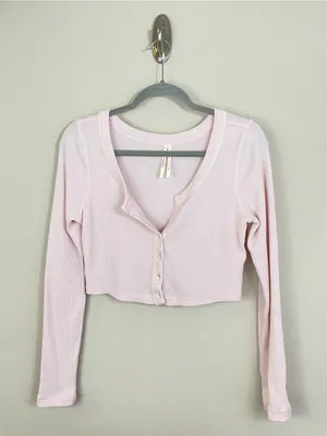 By Anthropologie Light Pink Long-Sleeve Waffle‎ Button-Front Crop Top Size XS thumbnail 4