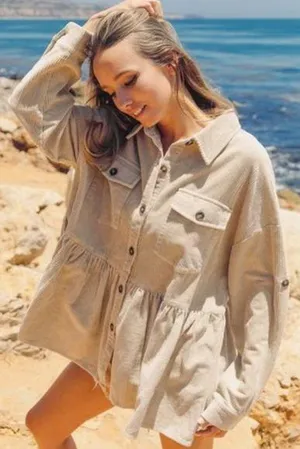 NEW Tan Corduroy Babydoll Peplum Skirt Button Front Jacket thumbnail 1