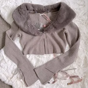House of CB Fur Trim Knit Cashmere Crop Cardigan S - Camel / Dark Beige thumbnail 1