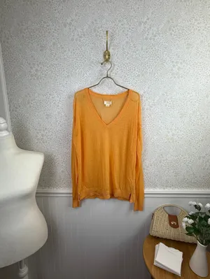 Maeve by Anthropologie Orange Oversized Linen V-Neck Sweater - Size - Medium thumbnail 4