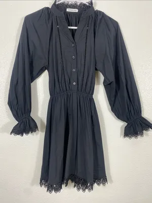 Girls' Black Long-Sleeve Lace-Trim Smocked Waist Dress Size12 100%Organic cotton thumbnail 3