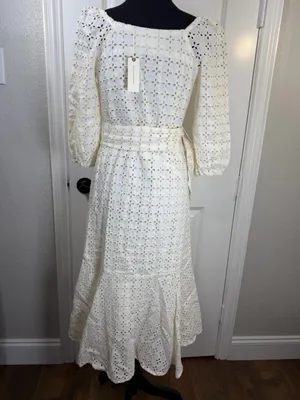 Maeve by Anthropologie White Eyelet Linen Belted Maxi Dress thumbnail 2