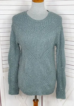 Nine West Scalloped Sleeve‎ Sequin Shimmer Sweater Sage Green Silver XS thumbnail 1