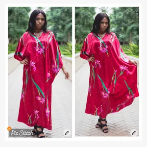 Winlar Red Satin Floral Kaftan Maxi Dress thumbnail 2