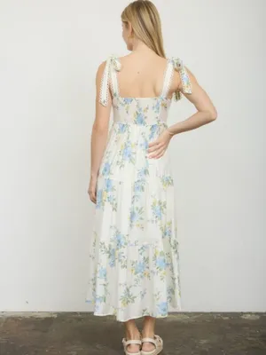 White Blue Yellow Floral Tiered Midi Dress Lace Tie Straps Large thumbnail 3