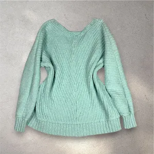 Free People Sunset V-Neck Pullover Sweater Women's M Blue Chunky Knit Boho Cozy thumbnail 3