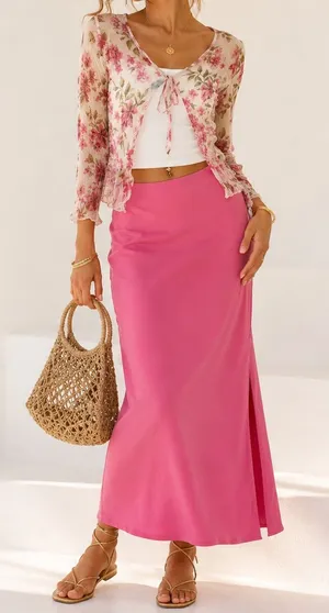 A New Day Pink Satin Midi Slip Skirt Side Slit Y2K Barbiecore Size S thumbnail 1