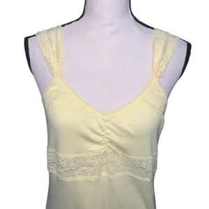Yellow Lace-Trim Strappy Babydoll Dress Mini Ruched thumbnail 2