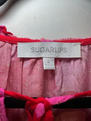 Sugarlips Pink and Red Floral Print Long Sleeve Split Neck Blouse with Gold Meta thumbnail 2