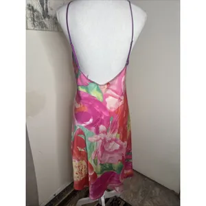 Natori Womens Sz M Botanic Print Satin Midi Slip Dress Chemise Floral Pink thumbnail 4