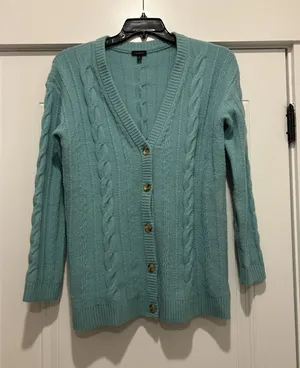 Talbots Chunky Cable Knit Teal Boyfriend Cardigan Sweater Size Small Preppy Cozy thumbnail 1