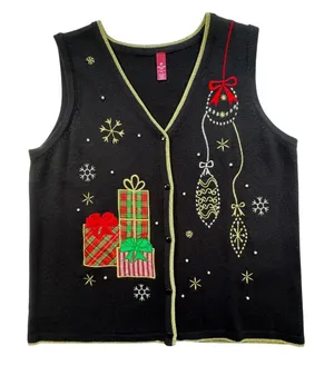Holiday Time Christmas Sweater Vest Womens 2X 20 Black Gold Embroidered‎ Beaded thumbnail 1