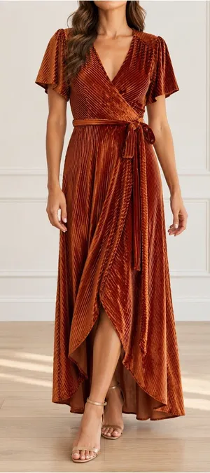 NWT Baltic Born Andi Dress Sz XXL Copper Ribbed Velvet Wrap Maxi Flutter Sleeve thumbnail 1