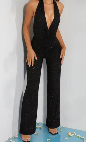 Oh Polly Black Embellished Plunge Neck Jumpsuit thumbnail 1