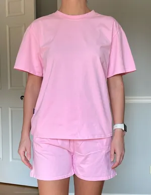 OOQONQ Women’s Pink Pajama Shorts Set Crew Neck Short Sleeve Cotton M thumbnail 1