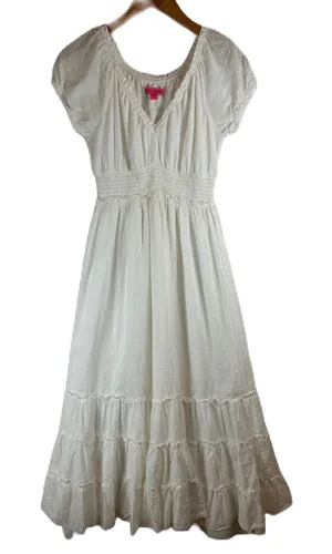 Betsey Johnson White Swiss Dot Midi Dress Smocked Waist Tiered Ruffle Milkmaid M thumbnail 1