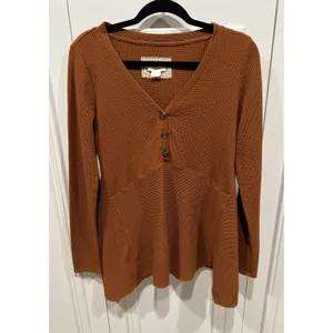 Anthropologie Maeve Eliza Henley Babydoll Tunic Top Brown Waffle Knit‎ Boho thumbnail 2
