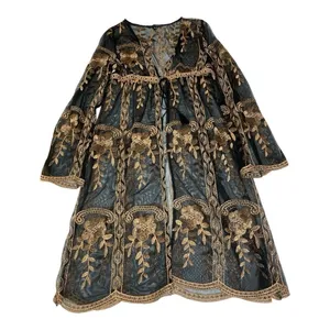 Haute Monde Kimono Duster Robe Jacket Women Size L Bronze Embroidery Boho Retro thumbnail 6