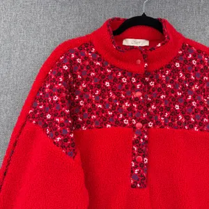 LOFT Womens XL Red Sherpa Fleece Floral Yoke Snap Neck Pullover Sweatshirt thumbnail 4