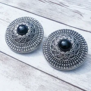 Vintage Clip On Earrings Statement Large Ornate Silver Tone with Black Center thumbnail 3