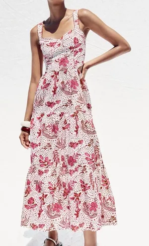 Zara Pink White Cut Out Floral Tiered Skirt Beaded Boho Cottagecore Maxi Dress M thumbnail 1