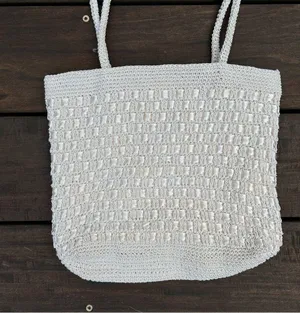 Vintage White Crochet Boho Bag Shoulder Bag Purse Woven Tote Bag thumbnail 2