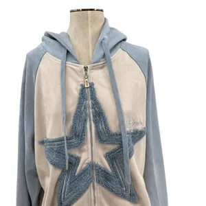 Aelfric Eden‎ Star Patchwork Zip Hoodie Blue Beige Suede Streetwear Size Medium thumbnail 5