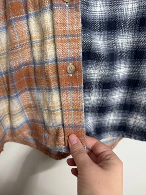 American Eagle Fall Plaid Patchwork Ragged Eclectic Grandpa Flannel Shirt sz L thumbnail 8