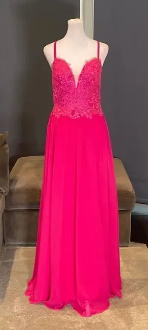 Women’s Pink Full Length Prom Party Dress Lace Appliqué Spaghetti Straps Size 8 thumbnail 1